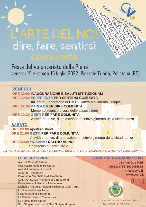 "L'arte del noi", il 15 e 16 luglio a Polistena la "Festa del volontariato della Piana 2022" images "L'arte del noi", il 15 e 16 luglio a Polistena la "Festa del volontariato della Piana 2022"