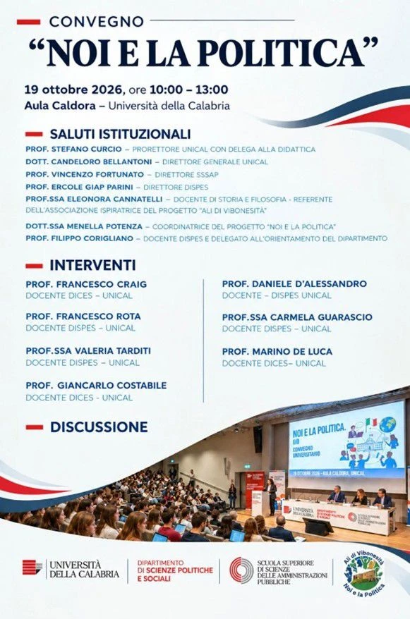 "Noi e la Politica", lunedì 19 ottobre all'Unical il progetto di Scuola Politica ideato da "Ali di Vibonesità"


