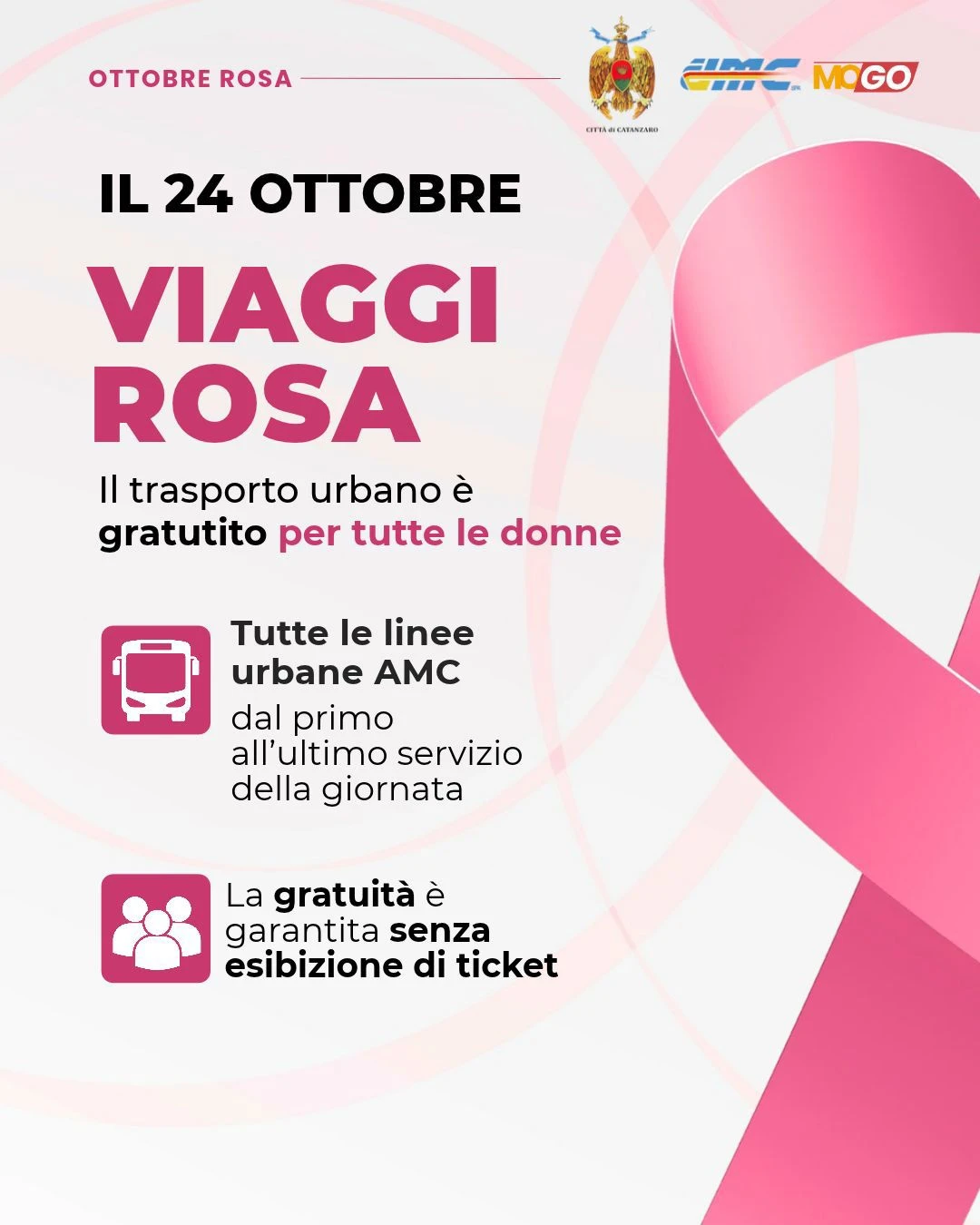 Ottobre Rosa a Catanzaro, AMC accoglie la proposta di Iemma: "Il 24 e 25 ottobre trasporto gratuito per le donne"