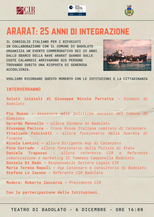 Ararat, 25 anni di integrazione: il 6 dicembre a Badolato l'evento del CIR images Ararat, 25 anni di integrazione: il 6 dicembre a Badolato l'evento del CIR