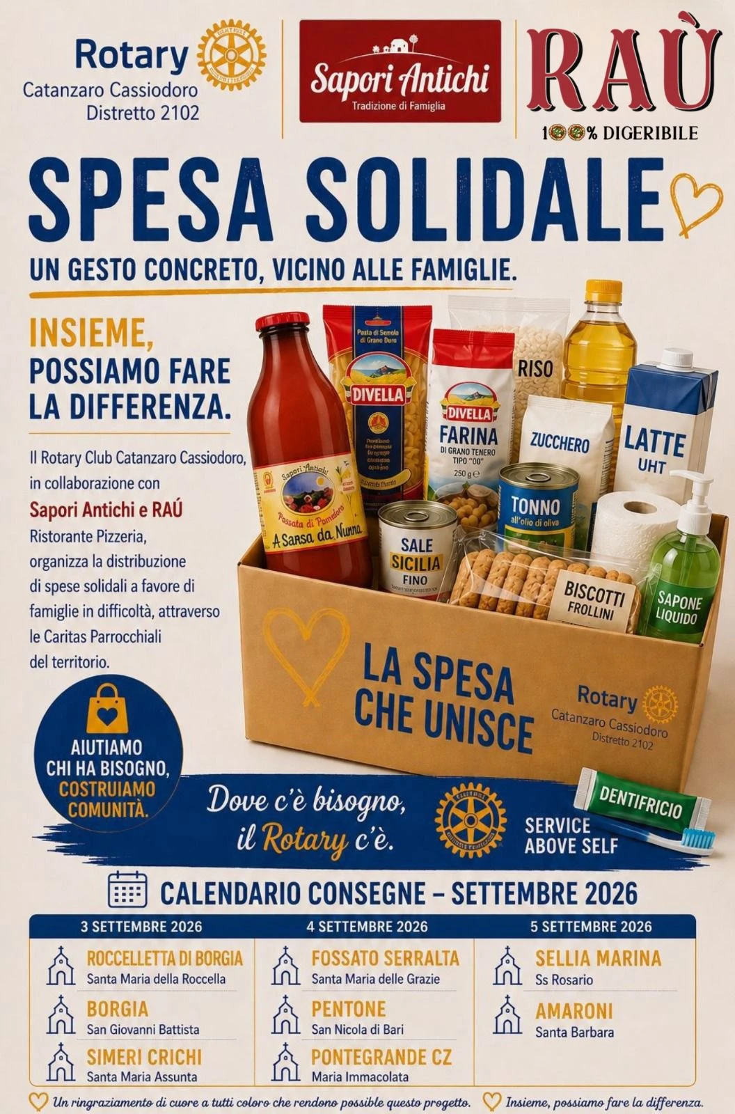 Il Rotary Catanzaro Cassiodoro lancia la “Spesa Solidale”: aiuti concreti alle famiglie attraverso le Caritas del territorio