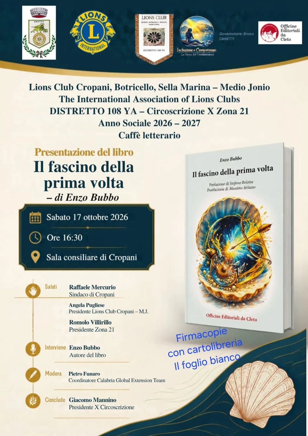 Cropani, il 17 ottobre la presentazione del libro "Il fascino della prima volta" di Enzo Bubbo curata da  Lions Club 