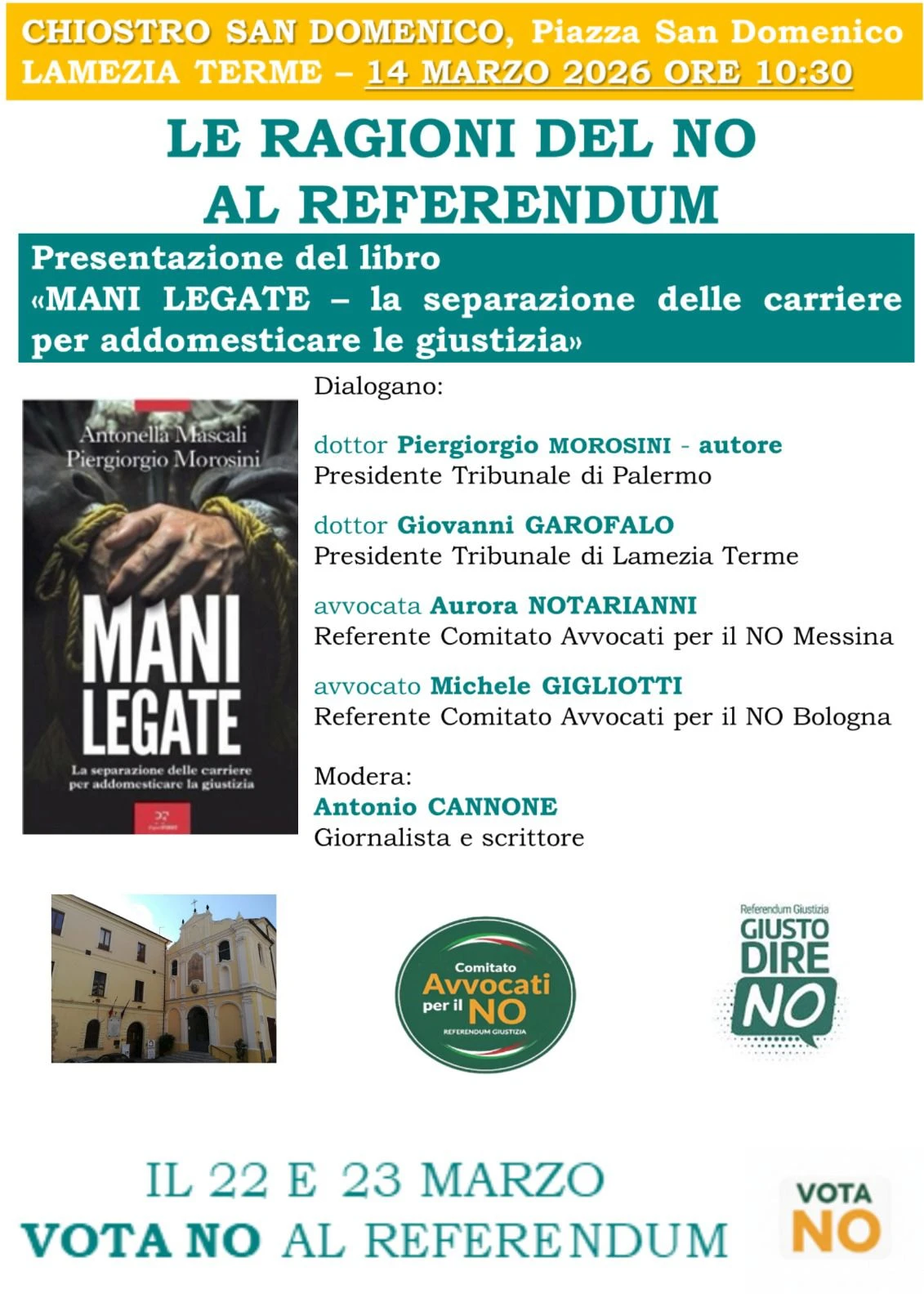 Lamezia, il 14 marzo al Chiostro le ragioni del NO al referendum