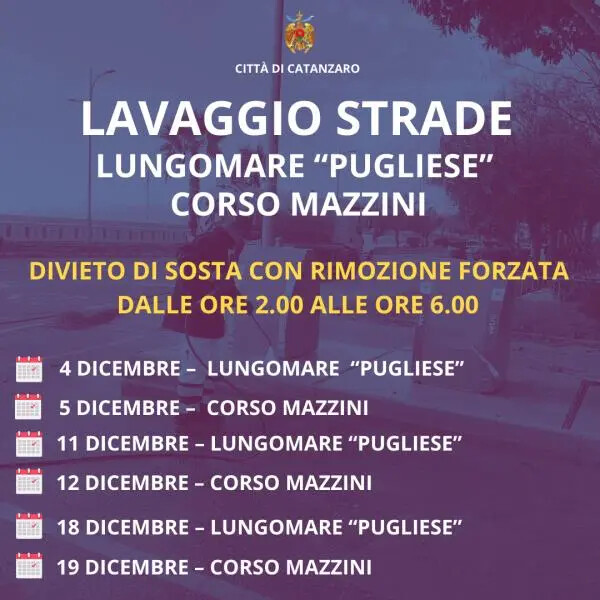 images Catanzaro, divieti di sosta per lavaggio delle strade (Corso Mazzini e Lungomare Pugliese): il calendario degli interventi 
