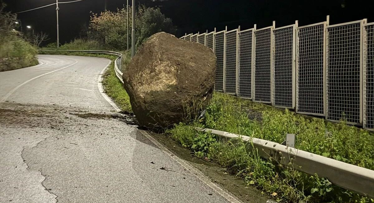images Maltempo a Catanzaro, paura per un grosso masso finito sulla strada: a Lido alberi sradicati e voragini 