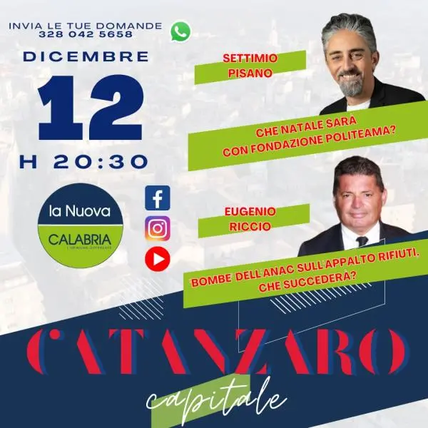 Catanzaro Capitale, il Natale in città e i nodi appalto rifiuti e pontili: Pisano e Riccio (DIRETTA 20.30) images Catanzaro Capitale, il Natale in città e i nodi appalto rifiuti e pontili: Pisano e Riccio (DIRETTA 20.30)