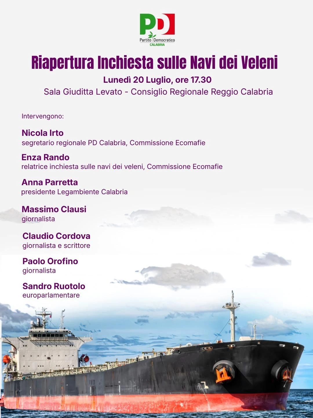 Navi dei veleni, il Pd Calabria promuove un incontro pubblico sulla riapertura dell’inchiesta parlamentare