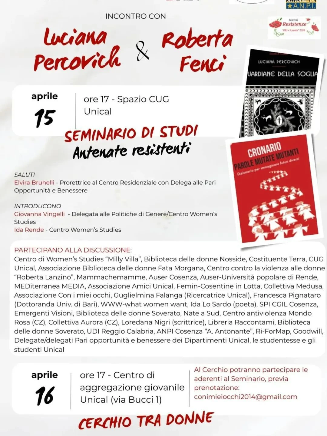 Antenate Resistenti, all’ UniCal l’incontro con Luciana Percovich e Roberta Fenci