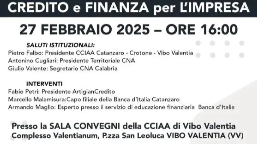 Il 27 febbraio a Vibo il convegno “Credito e finanza per l’impresa”
 images Il 27 febbraio a Vibo il convegno “Credito e finanza per l’impresa”