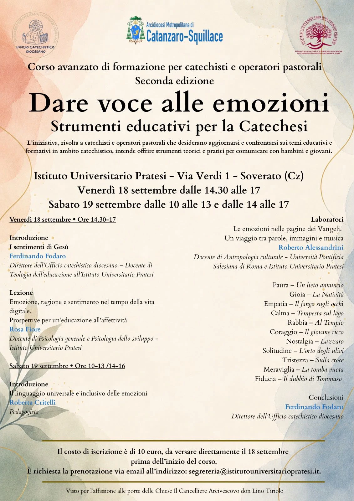 L’Ufficio Catechistico dell’Arcidiocesi di Catanzaro-Squillace e l’Istituto Universitario Pratesi presentano   “Dare voce alle emozioni”