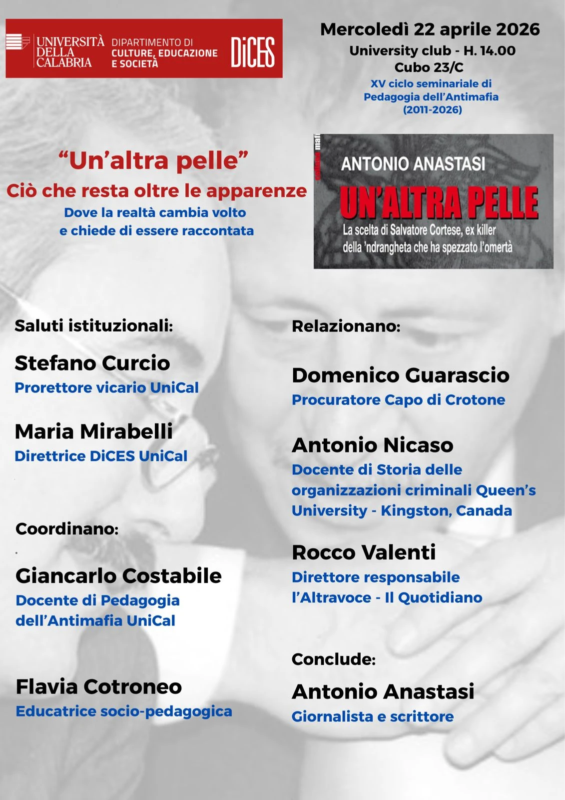 "Un’altra pelle", all’Unical la presentazione del libro di Anastasi tra memoria, verità e responsabilità civile