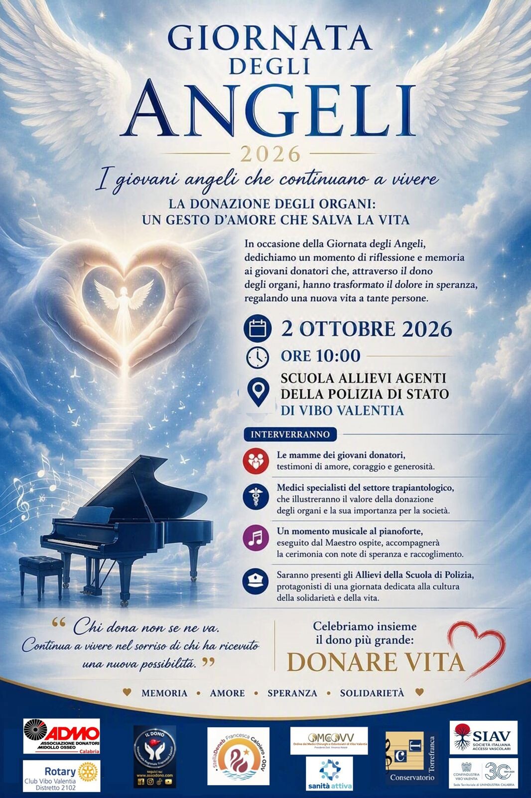 “Giornata degli Angeli”, a Vibo il 2 ottobre verranno ricordati 8 giovani donatori
images “Giornata degli Angeli”, a Vibo il 2 ottobre verranno ricordati 8 giovani donatori