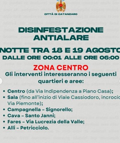 images Disinfestazione antialare a Catanzaro centro: l'elenco delle zone e le raccomandazioni ai cittadini