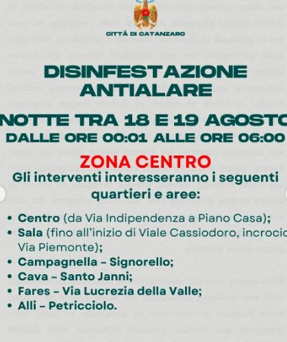 Disinfestazione antialare a Catanzaro centro: l'elenco delle zone e le raccomandazioni ai cittadini