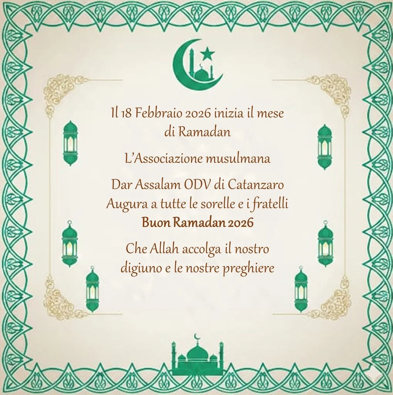 Inizio del mese sacro di Ramadan 1447: il messaggio dell’Associazione “Dar Assalam ODV”

