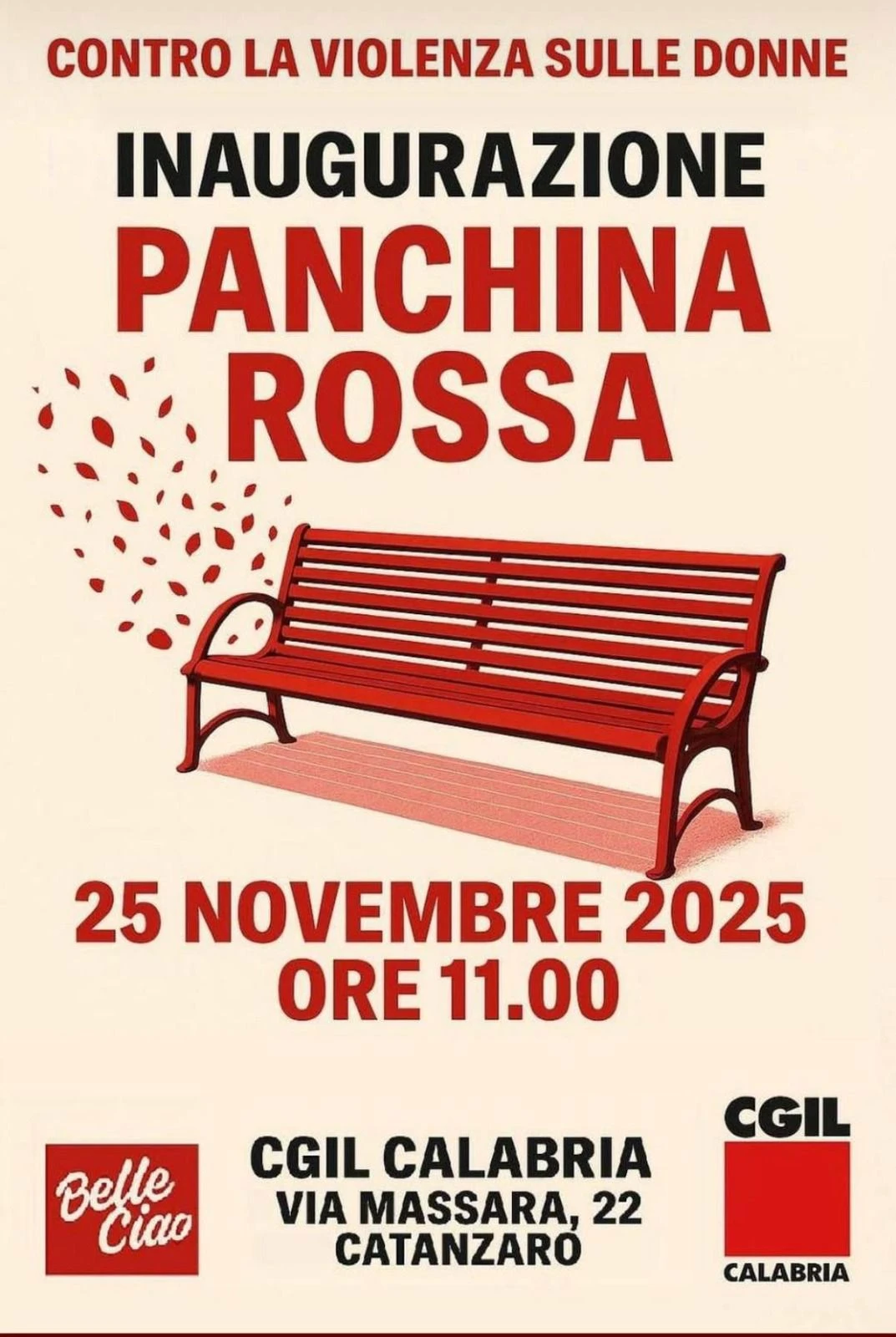 Violenza di genere, il 25 novembre inaugurazione panchina rossa della Cgil Calabria