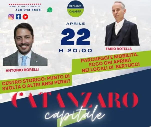 images Catanzaro Capitale, le novità su parcheggi in centro e la trattativa per i locali Bertucci: ospiti Borelli e Rotella (DIRETTA ALLE 20)