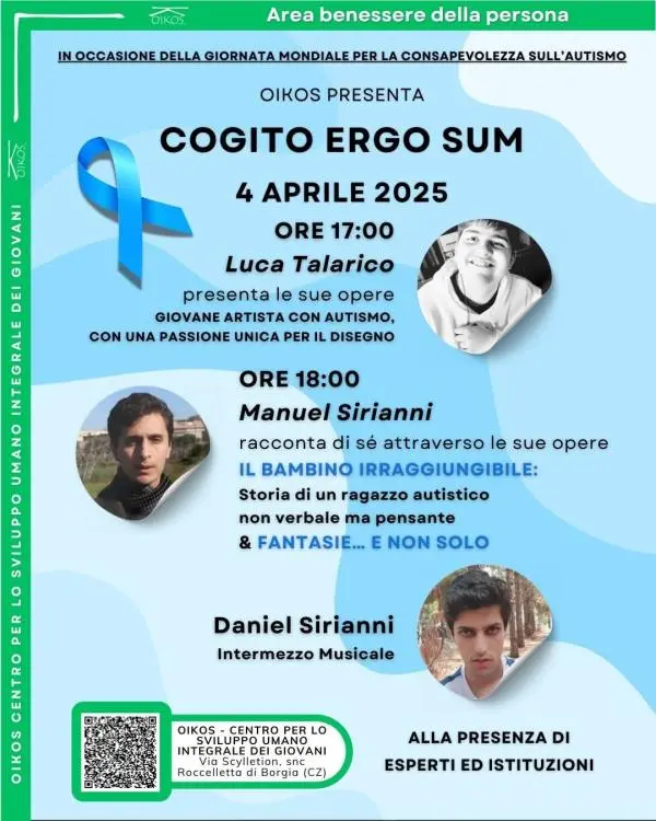 “Cogito Ergo Sum”, a Roccelletta di Borgia Oikos presenta la Giornata di consapevolezza sull'autismo images “Cogito Ergo Sum”, a Roccelletta di Borgia Oikos presenta la Giornata di consapevolezza sull'autismo