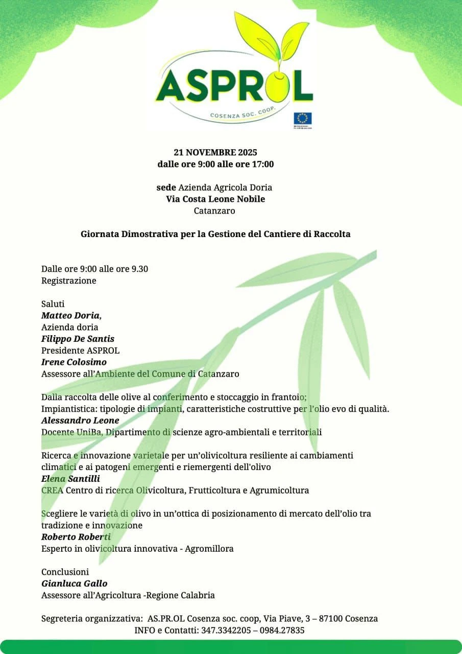 A Catanzaro giornata dimostrativa sulla gestione del cantiere di raccolta delle olive promossa da Asprol 