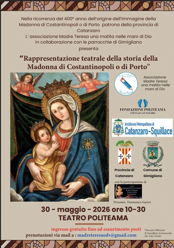 Gimigliano celebra i 400 anni della Madonna di Costantinopoli con una rappresentazione teatrale al Politeama