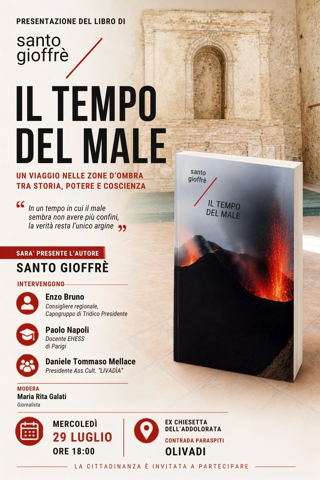 A Olivadi lo scrittore Santo Gioffrè presenta “Il tempo del male: un viaggio tra storia, potere e coscienza”

