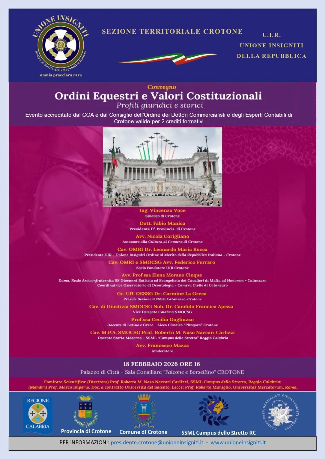 Ordini Equestri e valori costituzionali: a Crotone un convegno di eccellenza con i massimi patrocini istituzionali  &nbsp; &nbsp; &nbsp;