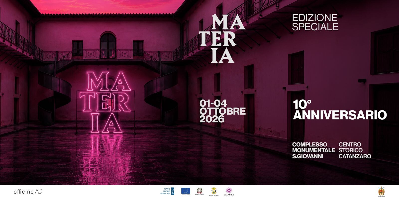 "Materia, dove tutto è iniziato": dall'1 al 4 ottobre al Complesso San Giovanni di Catanzaro i 10 anni del Festival images "Materia, dove tutto è iniziato": dall'1 al 4 ottobre al Complesso San Giovanni di Catanzaro i 10 anni del Festival
