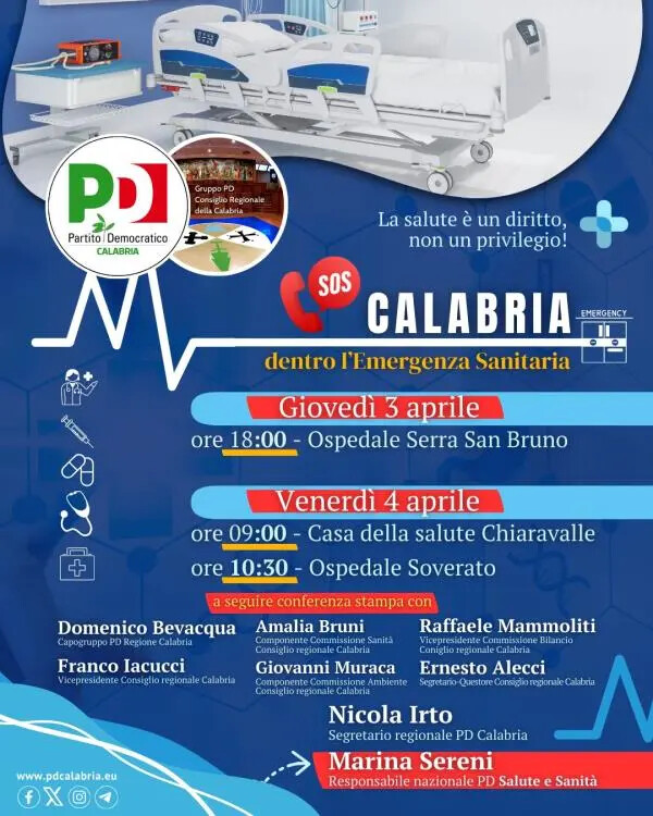 Sos Calabria, continua il viaggio del Pd nella sanità calabrese images Sos Calabria, continua il viaggio del Pd nella sanità calabrese