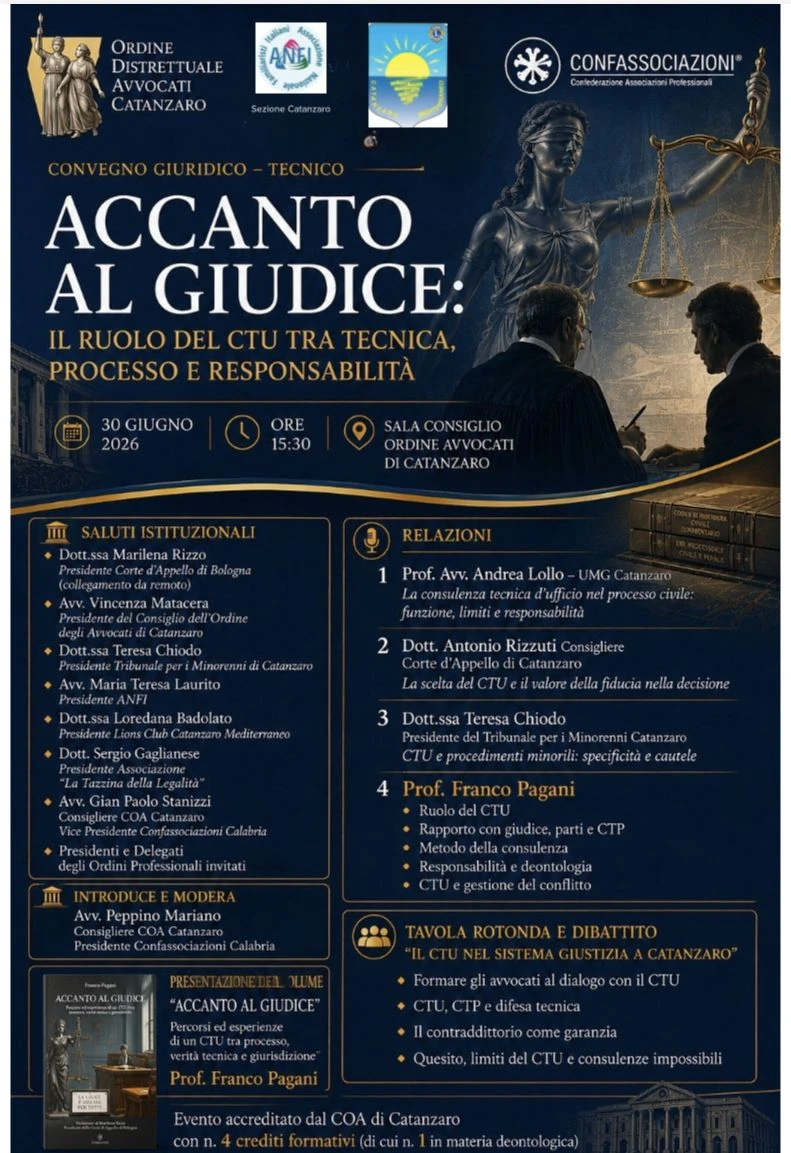 Catanzaro, il convegno “Accanto al giudice: il ruolo del CTU tra tecnica, processo e responsabilità”
