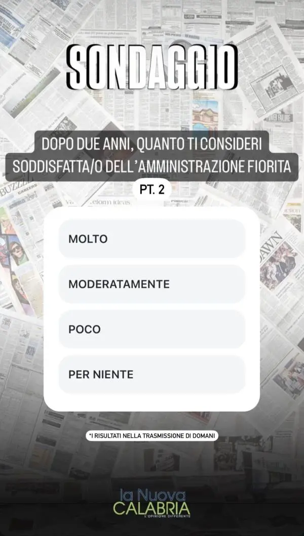 Il sondaggio: quanto sei soddisfatto dell'Amministrazione Fiorita? Scopri come e dove votare images Il sondaggio: quanto sei soddisfatto dell'Amministrazione Fiorita? Scopri come e dove votare