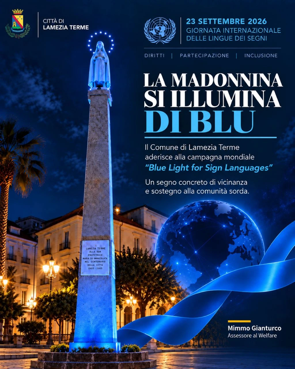 Lamezia, la Madonnina si illumina di blu per la Giornata internazionale delle lingue dei segni 