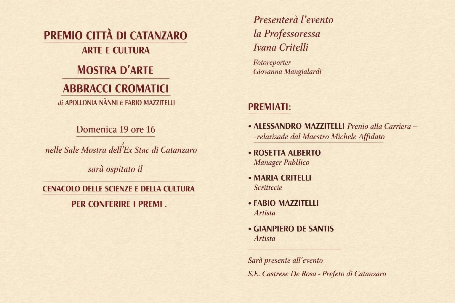 images “Abbracci cromatici”, all’ex Stac i ‘Premi Città di Catanzaro per l'arte e la Cultura’