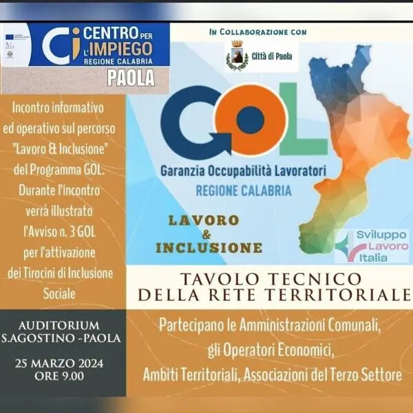 images Lavoro e inclusione, a Paola il tavolo tecnico della rete territoriale sul programma Gol