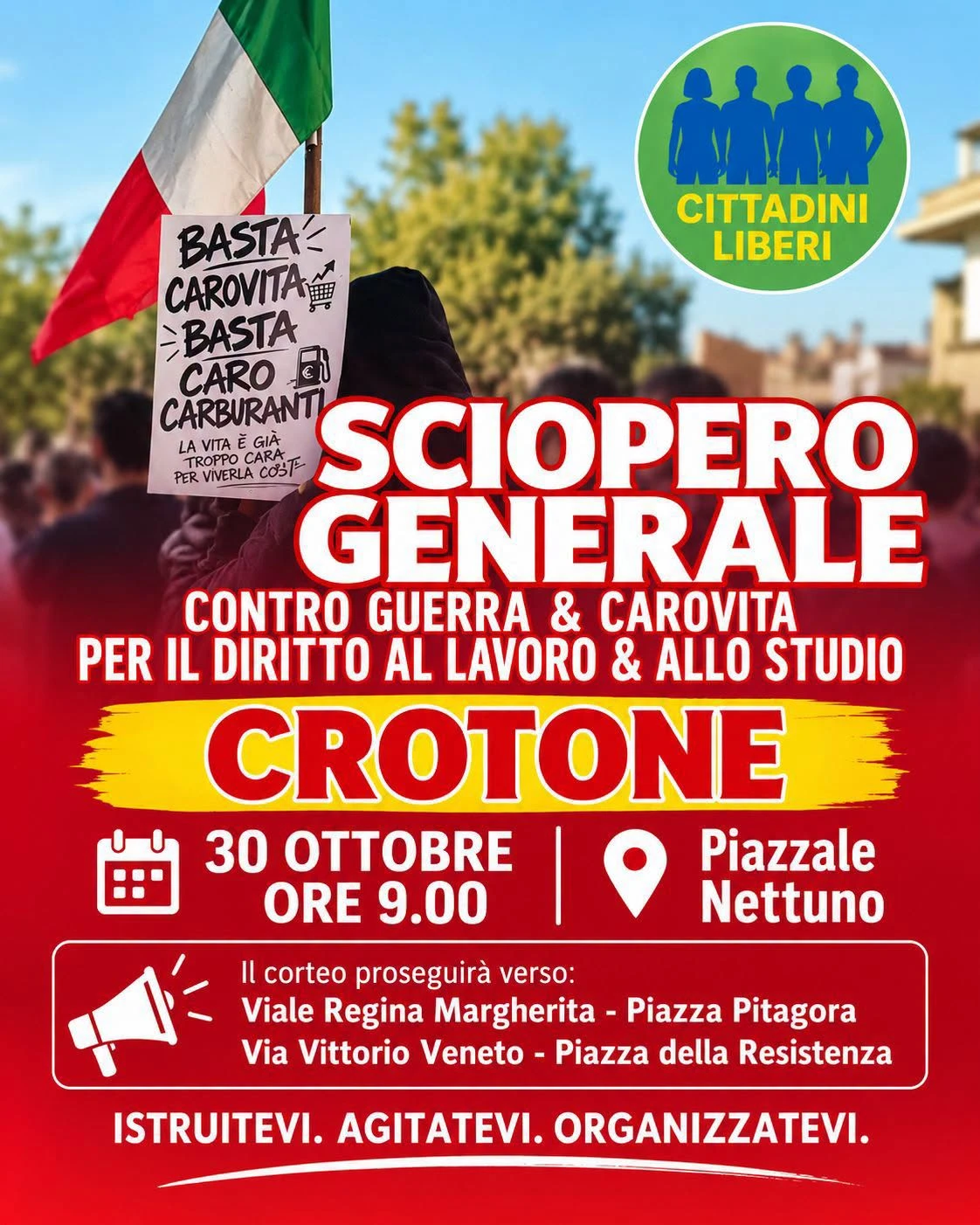 Crotone, l'Associazione Cittadini Liberi aderisce allo sciopero generale del 30 ottobre