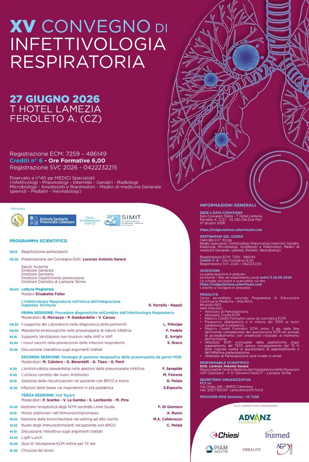 Infettivologia respiratoria, esperti a confronto a Lamezia per il XV Convegno di Lamezia