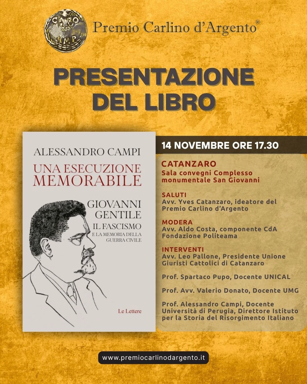 'Premio Carlino d’Argento' a Catanzaro: al San Giovanni la presentazione del libro “Una esecuzione memorabile” di Campi 