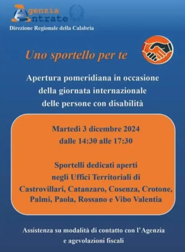 Giornata internazionale sui diritti delle persone con disabilità, l’Agenzia delle Entrate della Calabria apre “Uno sportello per te” images Giornata internazionale sui diritti delle persone con disabilità, l’Agenzia delle Entrate della Calabria apre “Uno sportello per te”