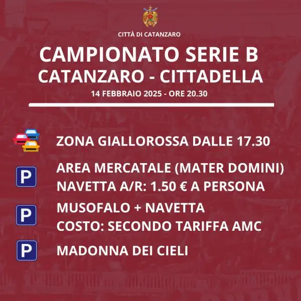 Zona Giallorossa per Catanzaro - Cittadella: le disposizioni su traffico, viabilità e parcheggi images Zona Giallorossa per Catanzaro - Cittadella: le disposizioni su traffico, viabilità e parcheggi