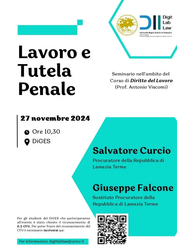 images Lavoro e Tutela Penale, se ne discuterà all’UMG il 27 Novembre: ospiti Curcio e Falcone