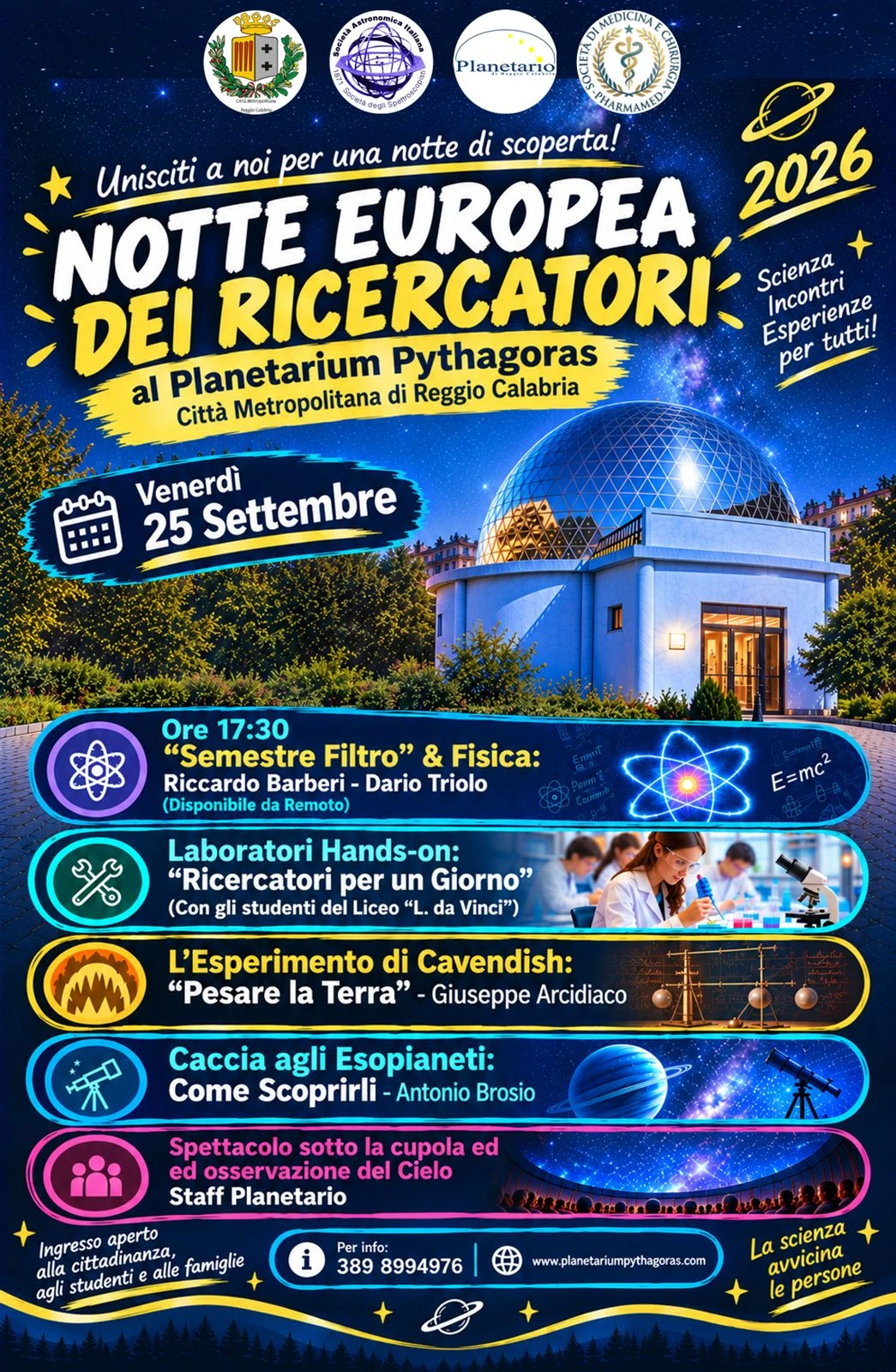 Al Planetarium Pythagoras di Reggio il 25 settembre la Notte Europea dei Ricercatori