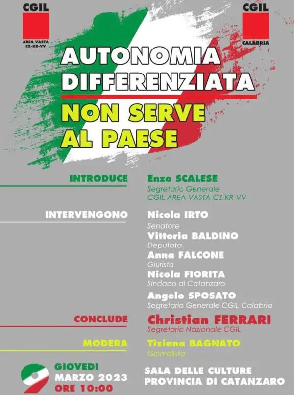 “L’Autonomia differenziata, non serve al Paese”, giovedì l’incontro della Cgil Area Vasta di Cz-Kr-Vv e Cgil Calabria images “L’Autonomia differenziata, non serve al Paese”, giovedì l’incontro della Cgil Area Vasta di Cz-Kr-Vv e Cgil Calabria