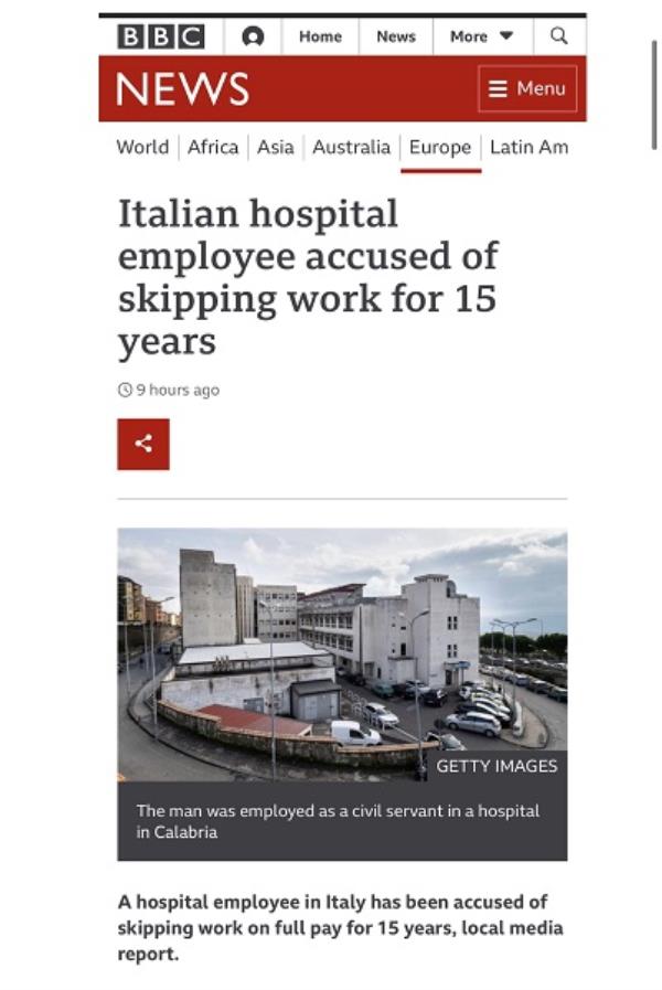 images Il caso del dipendente ospedaliero "fantasma" per 15 anni oltrepassa i confini, se ne occupa anche la BBC 