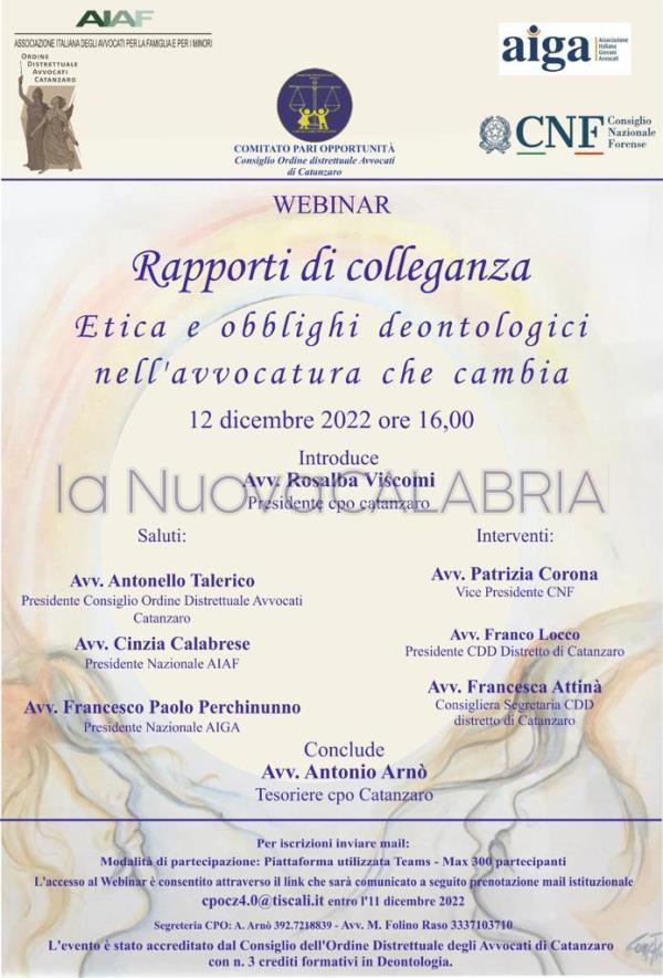 images Un webinar sui ‘Rapporti di colleganza’ chiude la presidenza  dell’avvocato Viscomi al Comitato pari opportunità del COA