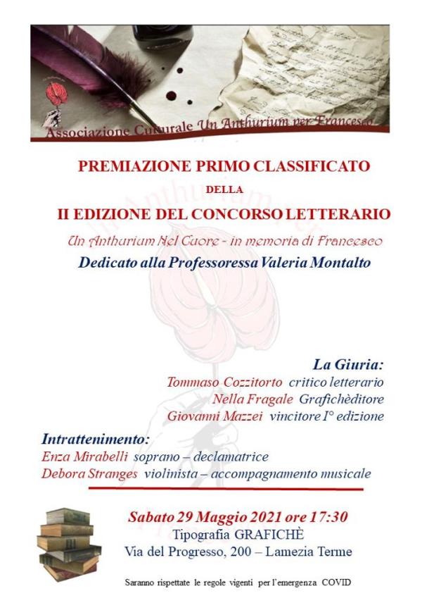 Lamezia Terme. “Un Anthurium nel cuore- in memoria di Francesco”, sabato la premiazione del vincitore del concorso letterario images Lamezia Terme. “Un Anthurium nel cuore- in memoria di Francesco”, sabato la premiazione del vincitore del concorso letterario