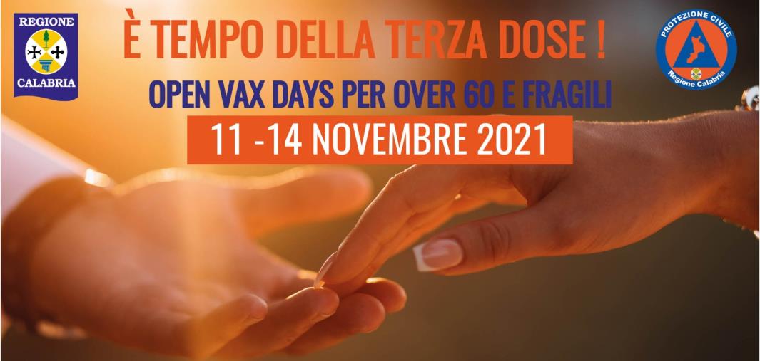 Vaccini. La Prociv Calabria: "E' tempo della terza dose: da giovedì a domenica 14 novembre open vax days per over 60 e fragili" images Vaccini. La Prociv Calabria: "E' tempo della terza dose: da giovedì a domenica 14 novembre open vax days per over 60 e fragili"