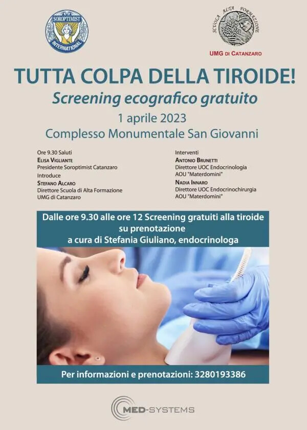 "Tutta colpa della tiroide!": domani, 1 aprile, screening ecografico gratuito a Catanzaro images "Tutta colpa della tiroide!": domani, 1 aprile, screening ecografico gratuito a Catanzaro