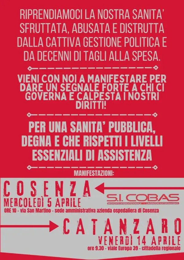 images "Riprendiamo la nostra sanità sfruttata", Si Cobas scende in piazza a Catanzaro e Cosenza