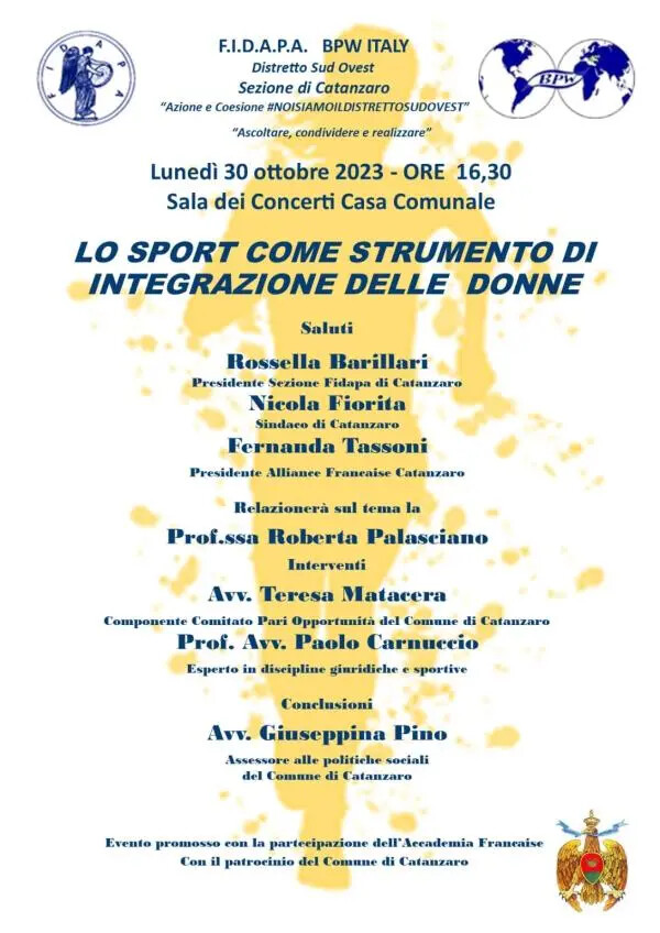 Lo Sport come strumento di integrazione delle donne: il 30 ottobre l'evento di Fidapa Catanzaro images Lo Sport come strumento di integrazione delle donne: il 30 ottobre l'evento di Fidapa Catanzaro