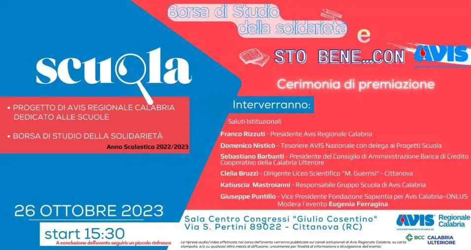 images Avis per le scuole: domani 26 ottobre a Cittanova la cerimonia di premiazione degli studenti 