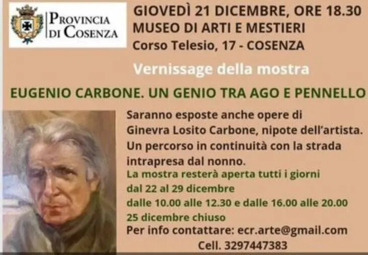 Un genio tra ago e pennello: il 21 dicembre a Cosenza la mostra dedicata ad Eugenio Carbone images Un genio tra ago e pennello: il 21 dicembre a Cosenza la mostra dedicata ad Eugenio Carbone